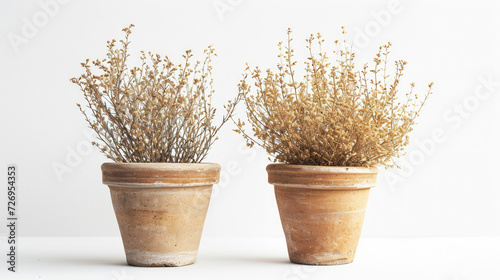 Front view, realistic photography about autumn collection of nostalgic dried plants in ceramic pots, isolated on white background...