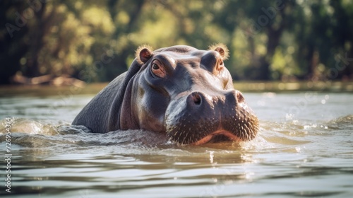 A hippopotamus in the water against the background of a green forest. Wildlife, safari, animal concepts.