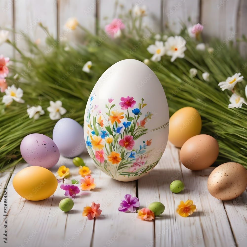 Painted Eggs with Flowers. Easter Banner with copy-space, featuring a Basket of Eggs on White Wood floor. Painted Eggs with Flowers. Easter Banner with copy-space, featuring a Basket of Eggs on White Wood floor.