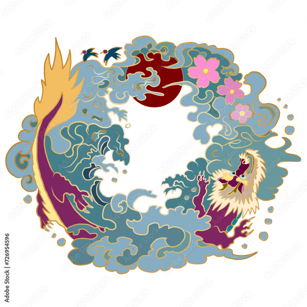 Obraz premium Traditional Chinese culture for printing on cookies box.Happy Chinese new year 2024.Hand drawn vector for elements on background.Japanese wave and clouds for painting on shrit or wall art,clipart.