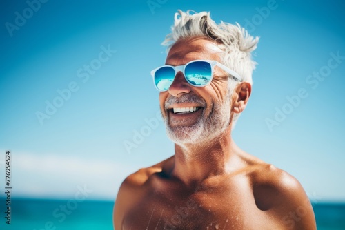 Portrait of smiling senior man with sunglasses on the beach at sunny day