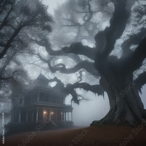 Haunted mansion on a hill surrounded by eerie fog and gnarled trees4 photo