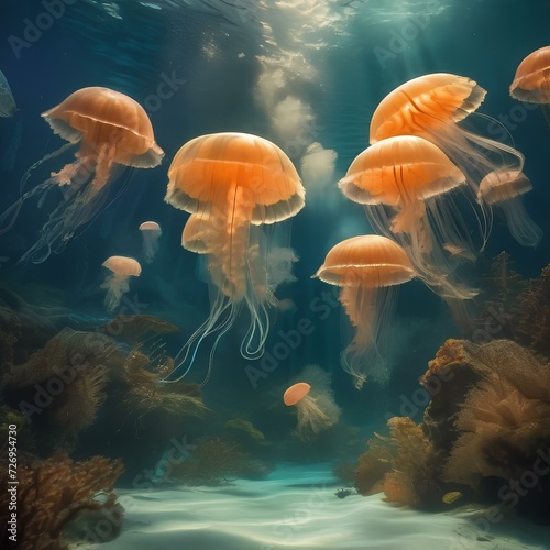 Surreal underwater world with floating jellyfish and bioluminescent creatures1