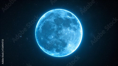 Blue super moon glowing with blue halo isolated on black background, generative ai