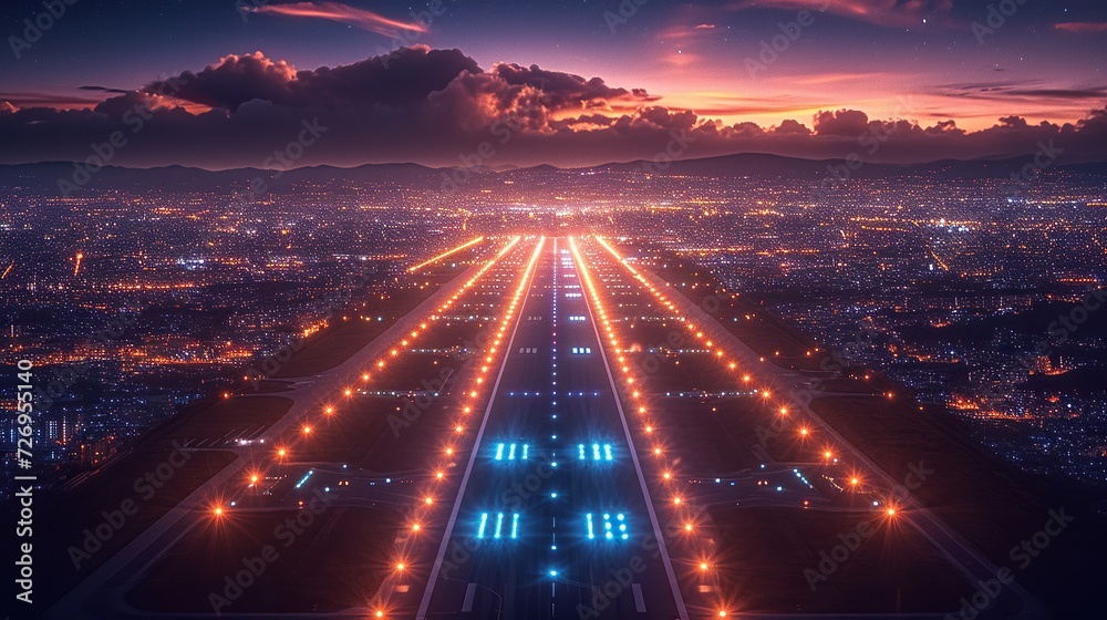 Glow of the runway guides the plane, a beacon in the night