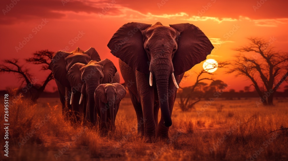 A herd of elephants strolls across the plain at sunset against the background of the sky and trees. Golden hour Safari, Africa nature, Wildlife. - obrazy, fototapety, plakaty 