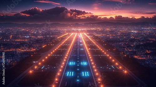 Glow of the runway guides the plane, a beacon in the night