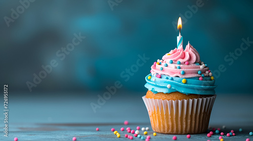 Birthday Cupcak With One Candle copy space, generative ai