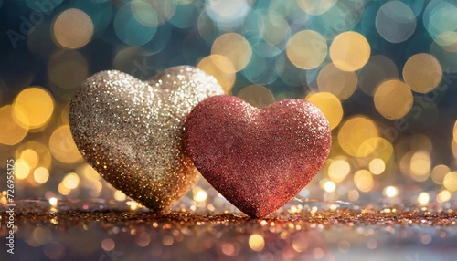 Two glitter hearts with bokeh background. Winter love holiday. Valentine's Day