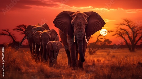 A herd of elephants strolls across the plain at sunset against the background of the sky and trees. Golden hour Safari, Africa nature, Wildlife.