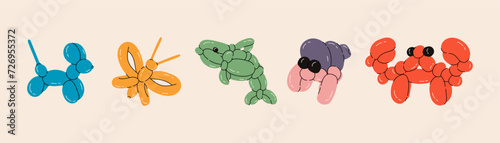 Set of balloon animals, dog, butterfly, dolphin, crab. Birthday celebration party. Fancy abstract characters isolated vector. Colorful drawing of inflatable toys made of twisted balloons
