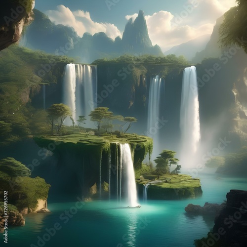 Epic fantasy landscape with floating islands and majestic waterfalls2
