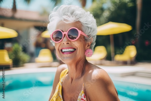 Portrait of happy senior woman in sunglasses standing near swimming pool at resort © Nerea