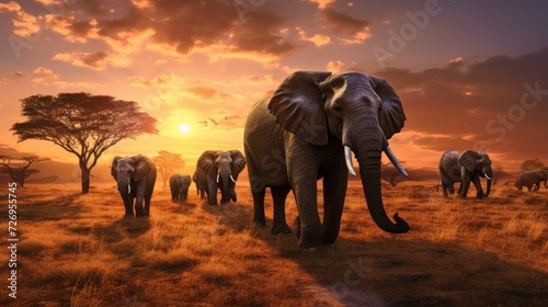A herd of elephants strolls across the plain at sunset. Safari, Africa nature, Wildlife.