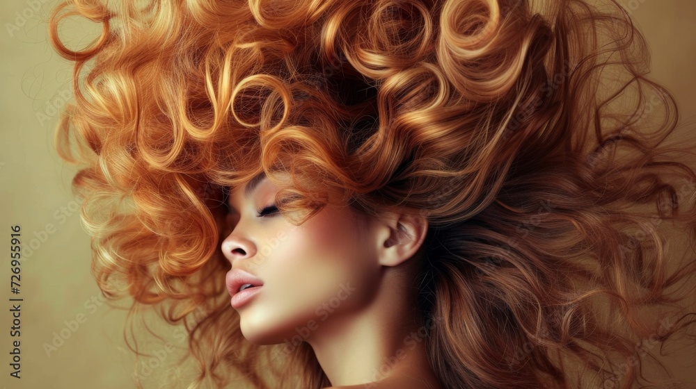 Young woman with long red hair in fashion editorial style. Hair blowing in the wind. Trendy hair style