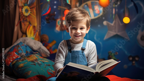 Happy boy reading a book about space in a children s room on the background