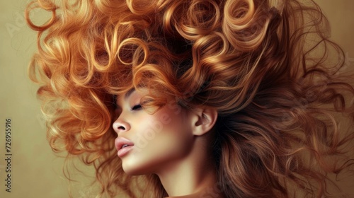 Young woman with long red hair in fashion editorial style. Hair blowing in the wind. Trendy hair style