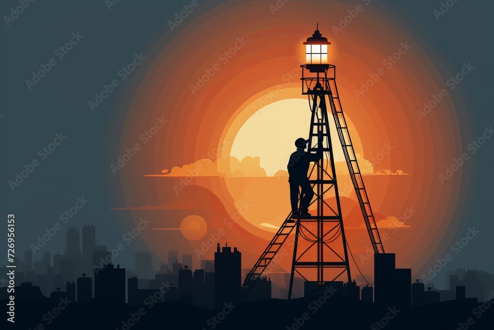 Man Standing on Top of Ladder Next to Light Tower