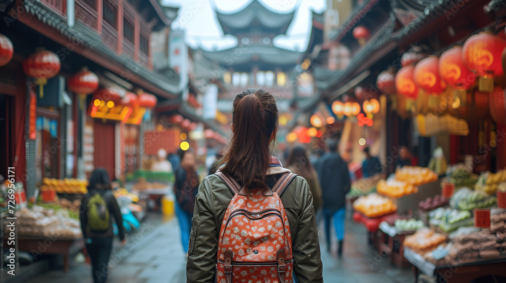 Food market street in Beijing, China, Woman tourist walking in chinatown on  Asian women traveler in china market. she is shopping and travel, generative Ai - obrazy, fototapety, plakaty 