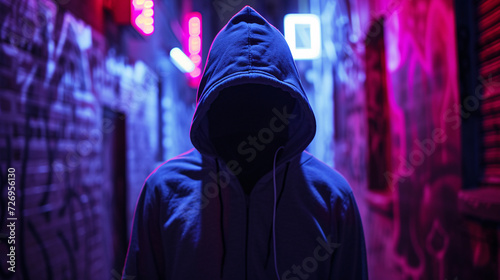 A Mysterious Creature Wearing a Hoodie in an Urban Alleyway, Illuminated by Neon Signs and Streetlights.