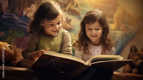 Happy two girls reading a book in a children's room on the background