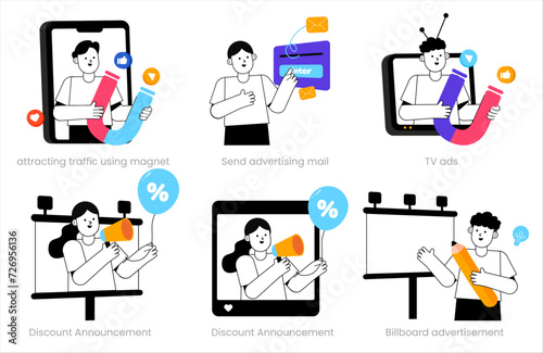 Set of Achivement. attracting traffic using magnet, send advertising mail, TV ads, discount announcement, billboard advertisement. vector illustration