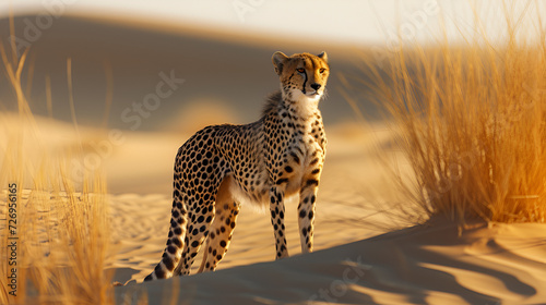 Cheetah in dunes copy space, generative ai