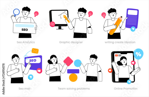Set of Achivement. seo Analytics, graphic designer, writing create ideation, seo mail, team solving problems, online promotion. vector illustration © Hidunggjambu