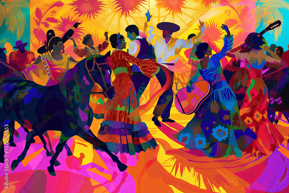 Fototapeta premium Generative AI illustration of people dancing sevillanas