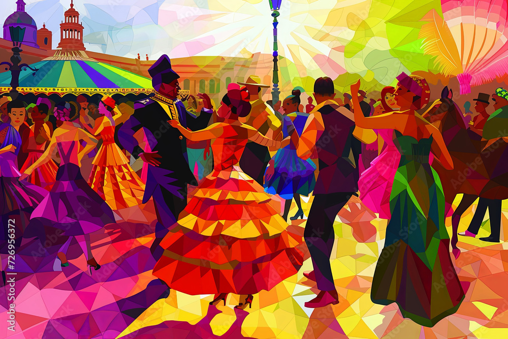 Naklejka premium Generative AI illustration of people dancing sevillanas
