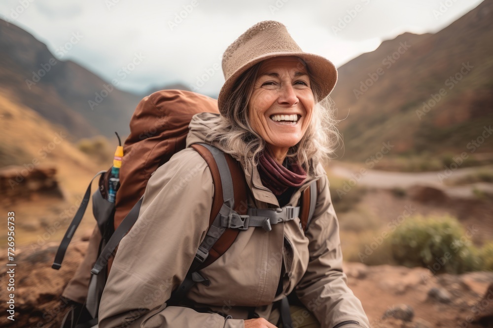 Happy senior woman with backpack hiking in the mountains. Hiking concept.