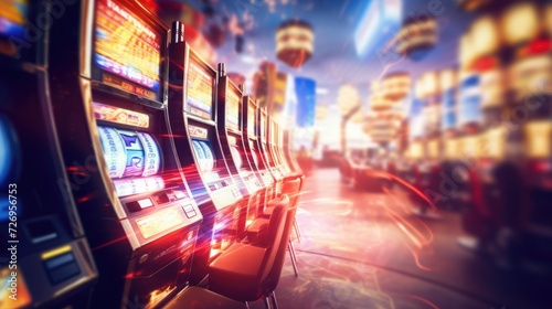 Slot machine screen with virtual visual effect. Blurred casino on background