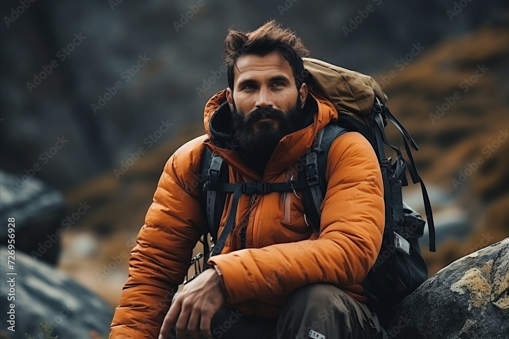 Handsome bearded man with a beard and moustache in an orange jacket sitting on a rock in the mountains Handsome bearded man with a beard and moustache in an orange jacket sitting on a rock in the mountains