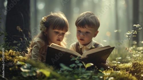 boy and girl reading a big book in the forest, world book day