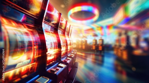 Slot machine screen with virtual visual effect. Blurred casino on background