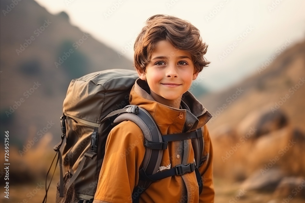 Hiker boy with backpack looking at camera in mountains, closeup