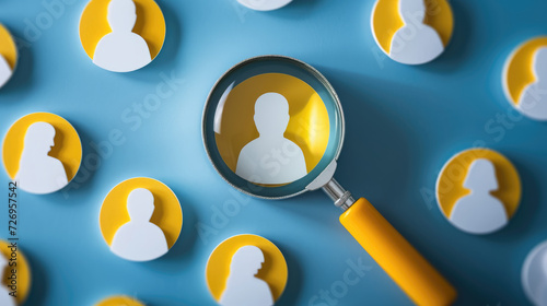 Yellow human icon inside of magnifier glass among white icons for customer focus and customer relation management or CRM concept. #726957542