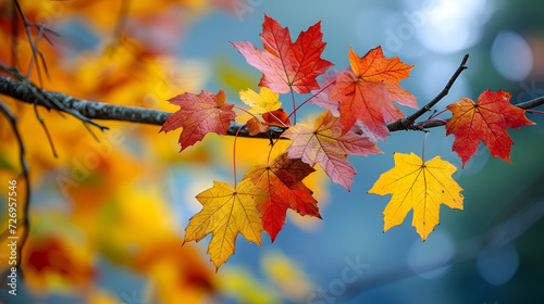 Colorful autumn maple leaves on a tree branch, generative ai