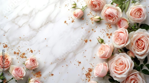 Stunning photorealistic top-view of a white marble background with blush pink roses and gold leaf accents, creating an opulent and minimalistic look.
