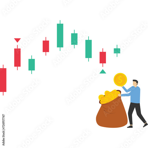 Businessman picks up the pocket money to buy stock market, Vector illustration in flat style

