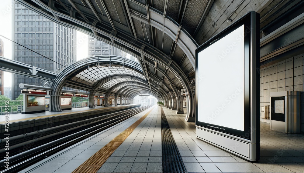 Modern Electric Train Station with Blank Billboard in Urban Setting Modern Electric Train Station with Blank Billboard in Urban Setting