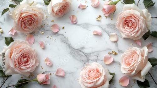 Stunning photorealistic top-view of a white marble background with blush pink roses and gold leaf accents, creating an opulent and minimalistic look. © sirisakboakaew