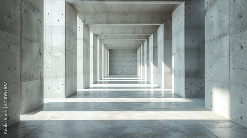 Contemporary concrete interior with empty banner  Modern light concrete and glass office box interior with empty white mock-up banner on walls and wooden floors. modern interior mockup  Generative Ai 