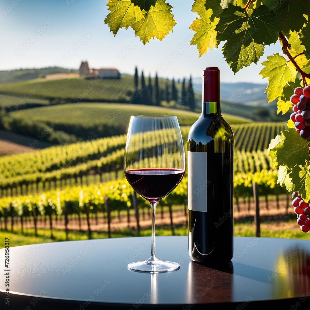  Glass of red wine, bottle of red wine, against the background of a vineyard, card, mockup