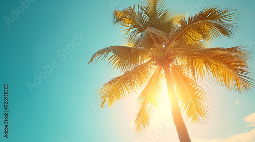 Copy space of tropical palm tree with sun light on sky background. generative ai