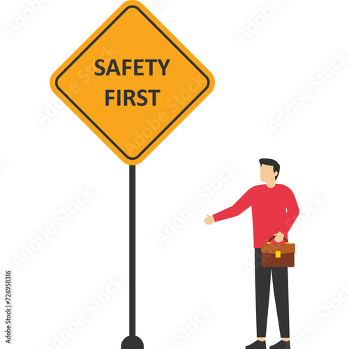 Engineers put the word safety first, Vector illustration in flat style


