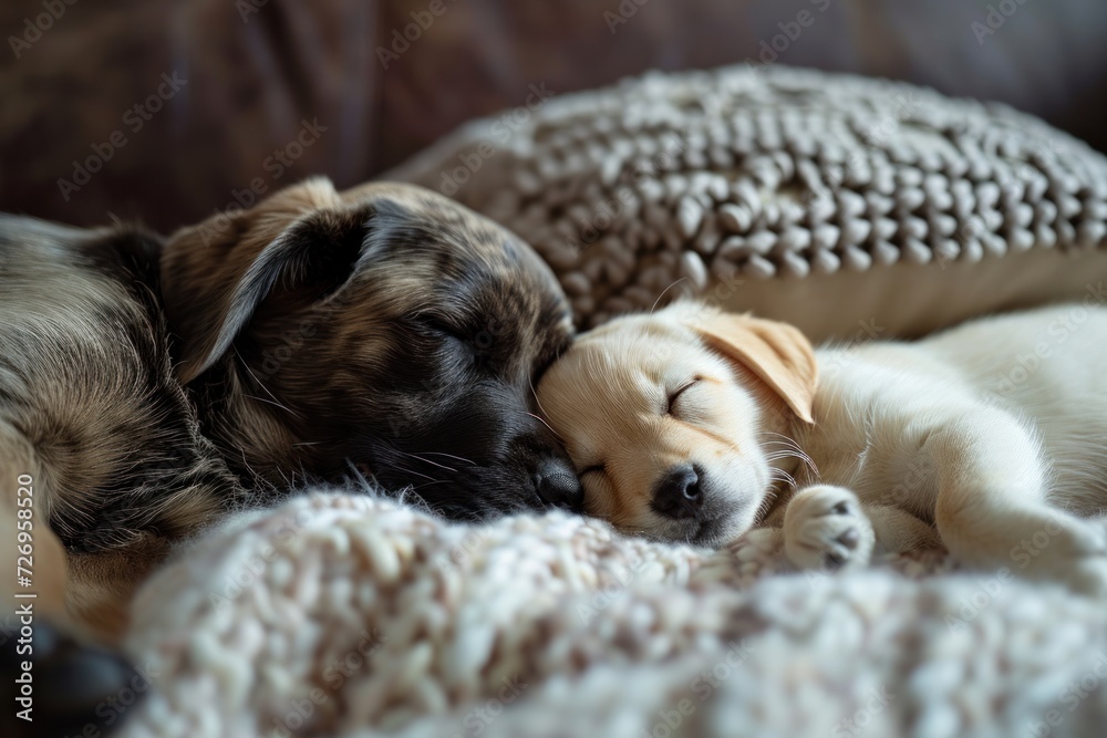 Obraz premium Cat and dog sleeping together. Kitten and puppy taking nap. Home pets. Animal care. Friendship and love.