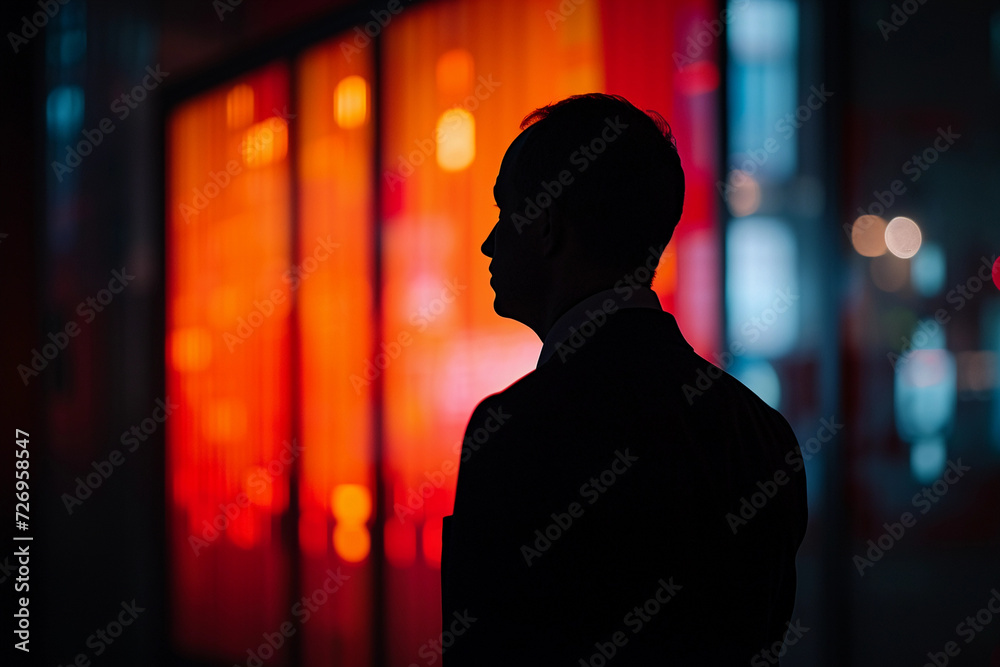 Nighttime Cityscape businessman watchout with Abstract Stained Glass Window from his office