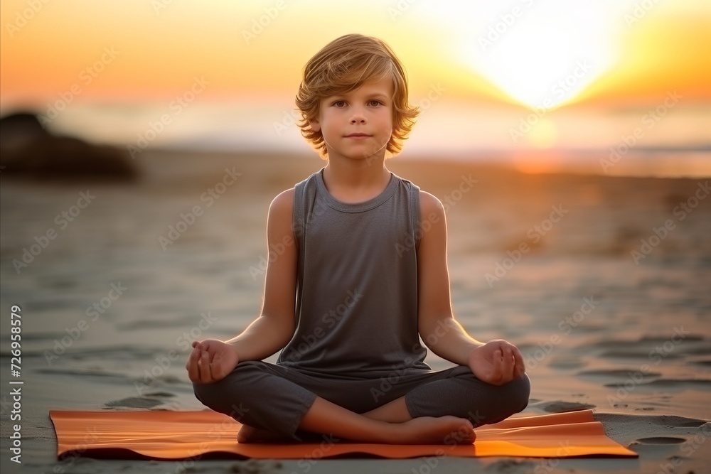 Young boy practicing yoga on the beach at sunset. Healthy lifestyle concept