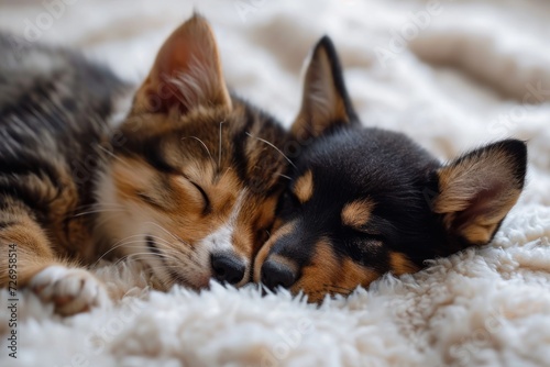 Cat and dog sleeping together. Kitten and puppy taking nap. Home pets. Animal care. Friendship and love.